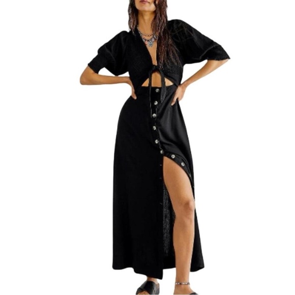 Free People Tie Front String of Hearts Maxi Dress Boho Black size large - Picture 4 of 14